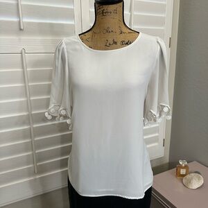 CeCe White Blouse with Pom-Pom Sleeves